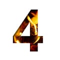 Fiery number four, 4 from white paper on a background of fire in a fireplace or stove, decorative alphabet