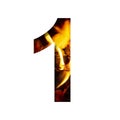 Fiery number one, 1 from white paper on a background of fire in a fireplace or stove, decorative alphabet