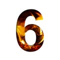 Fiery number six, 6 from white paper on a background of fire in a fireplace or stove, decorative alphabet