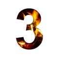 Fiery number three, 3 from white paper on a background of fire in a fireplace or stove, decorative alphabet