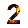 Fiery number two, 2 from white paper on a background of fire in a fireplace or stove, decorative alphabet