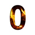 Fiery number zero, 0 from white paper on a background of fire in a fireplace or stove, decorative alphabet Royalty Free Stock Photo