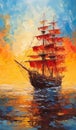 Fiery Ocean Sunset: A Stunning Sailing Ship Painting with Heavy Impasto Technique