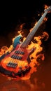 Fiery orange bass guitar, diagonal stance, flaming hot background, rock