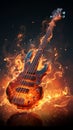 Fiery orange bass guitar, diagonal stance, flaming hot background, rock