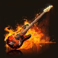 Fiery orange bass guitar, diagonal stance, flaming hot background, rock