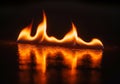 Fiery orange flames flicker and dance against a dark background, their reflections visible on a Royalty Free Stock Photo