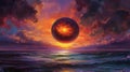 Fiery Orange Sunset Sphere Over Dark Ocean Royalty Free Stock Photo