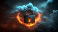 Fiery Padlock with Explosive Clouds, Concept of Cybersecurity, Data Protection, Intense Security Royalty Free Stock Photo