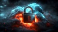 Fiery Padlock with Explosive Clouds, Concept of Cybersecurity,Data Protection, Intense Security Royalty Free Stock Photo