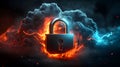 Fiery Padlock with Explosive Clouds Concept of Cybersecurity, Data Protection, Intense Security Royalty Free Stock Photo