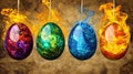 Fiery painted eggs hanging, grunge background, Easter design Royalty Free Stock Photo