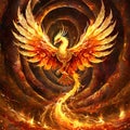 A fiery phoenix bird with wings out stretched rising from a spiral surface. Lifeforce sparks Royalty Free Stock Photo