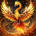 A fiery phoenix bird with wings out stretched rising from a spiral surface. Lifeforce sparks Royalty Free Stock Photo