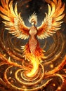 A fiery phoenix bird with wings out stretched rising from a spiral surface. Lifeforce sparks Royalty Free Stock Photo