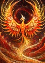 A fiery phoenix bird with wings out stretched rising from a spiral surface. Lifeforce sparks Royalty Free Stock Photo