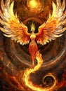 A fiery phoenix bird with wings out stretched rising from a spiral surface. Lifeforce sparks Royalty Free Stock Photo