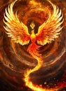 A fiery phoenix bird with wings out stretched rising from a spiral surface. Lifeforce sparks Royalty Free Stock Photo