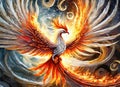 A fiery phoenix bird with wings out stretched rising from a spiral surface. Lifeforce sparks Royalty Free Stock Photo