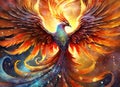 A fiery phoenix bird with wings out stretched rising from a spiral surface. Lifeforce sparks Royalty Free Stock Photo