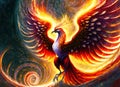 A fiery phoenix bird with wings out stretched rising from a spiral surface. Lifeforce sparks Royalty Free Stock Photo