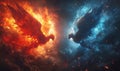 Fiery Phoenix and Icy Phoenix Representing Duality of Fire and Ice Elements Royalty Free Stock Photo