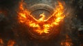 Fiery phoenix rising, stone backdrop, game logo Royalty Free Stock Photo