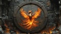 Fiery Phoenix Shield, Stone Wall, Flames, Fantasy, Game Design Royalty Free Stock Photo