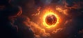 Fiery planet surrounded by dramatic clouds in cosmic space scene Royalty Free Stock Photo