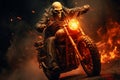 A fiery race a spectral skeleton speeds on a blazing motorbike