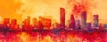 Fiery red aura over hitech skyline vibrant watercolor effect