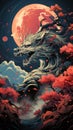 Fiery red dragon dominates a deep purple sky, pink moon its aura. Ceated with Generative AI