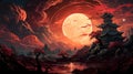 Fiery red dragon dominates a deep purple sky, pink moon its aura. Ceated with Generative AI Royalty Free Stock Photo