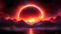 a breathtaking digital artwork of a solar eclipse over a serene lake surrounded by majestic mountains under a star-filled night sk Royalty Free Stock Photo