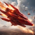 A fiery-red spaceship with wings that resemble the mythical bird, emitting a trail of golden sparks as it rises from the ashes of