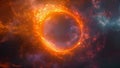 Fiery ring enveloped in smoke on dark backdrop.