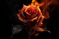 A fiery rose with spark flakes on a dramatic black background. The expressive and symbolic design captures the warmth and emotion
