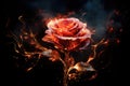 A fiery rose with spark flakes on a dramatic black background. The expressive and symbolic design captures the warmth and emotion