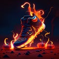 Fiery running shoes on the background of pumpkins. 3d illustration AI generated animal ai