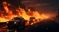 Fiery Scene: 3D Rendering of Burning Cars on the Evening Road