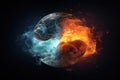 Fiery Skull With Icy Features, A Striking Combination of Fire and Ice, Fire and Ice climate in the Yin and Yang on dark background Royalty Free Stock Photo