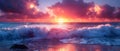 Fiery Sky Embrace: Waves Meet Sunset Majesty. Concept Nature\'s Beauty, Ocean Sunset, Fiery Skies,