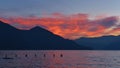 Fiery sky of red clouds at sunset on the lake Royalty Free Stock Photo