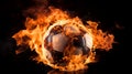 Fiery soccer ball dramatically lands in the goal and sets the net ablaze with intense flames