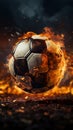 Fiery soccer ball, powerfully kicked, close up action in a stadium