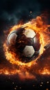 Fiery soccer ball, powerfully kicked, close up action in a stadium