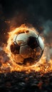 Fiery soccer ball, powerfully kicked, close up action in a stadium