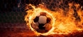 Fiery soccer ball smashing into goal with net in flames action packed sports concept