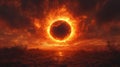 Fiery solar eclipse above a desert landscape with intense orange skies and dramatic clouds Royalty Free Stock Photo