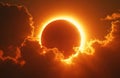 Fiery solar eclipse creates glowing halo effect around sun partially hidden by clouds. Dramatic sunset sky displays celestial Royalty Free Stock Photo